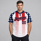 Custom White American Flag Two Button Softball Jersey with Navy and Red Lettering Design 0669 worn by male model