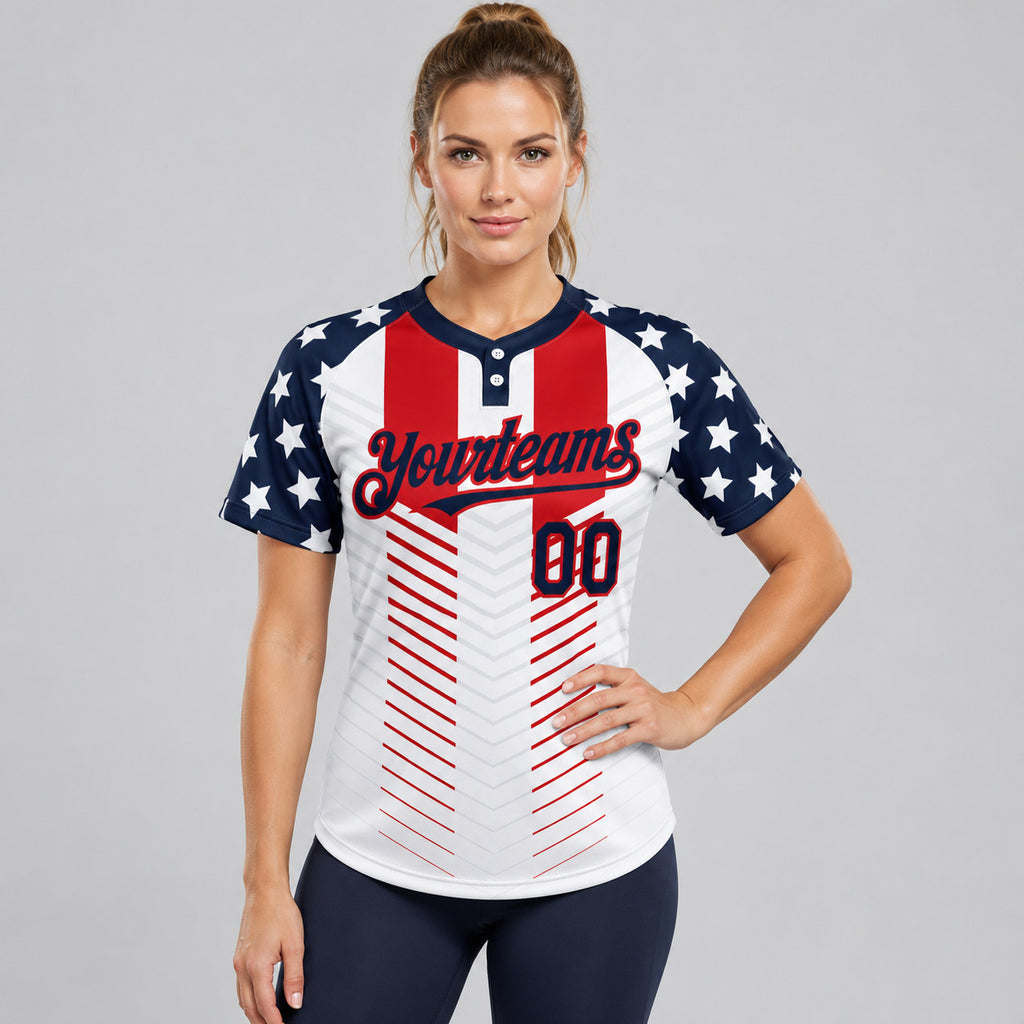Custom White American Flag Two Button Softball Jersey with Navy and Red Lettering Design 0669 worn by female model