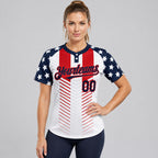 Custom White American Flag Two Button Softball Jersey with Navy and Red Lettering Design 0669 worn by female model