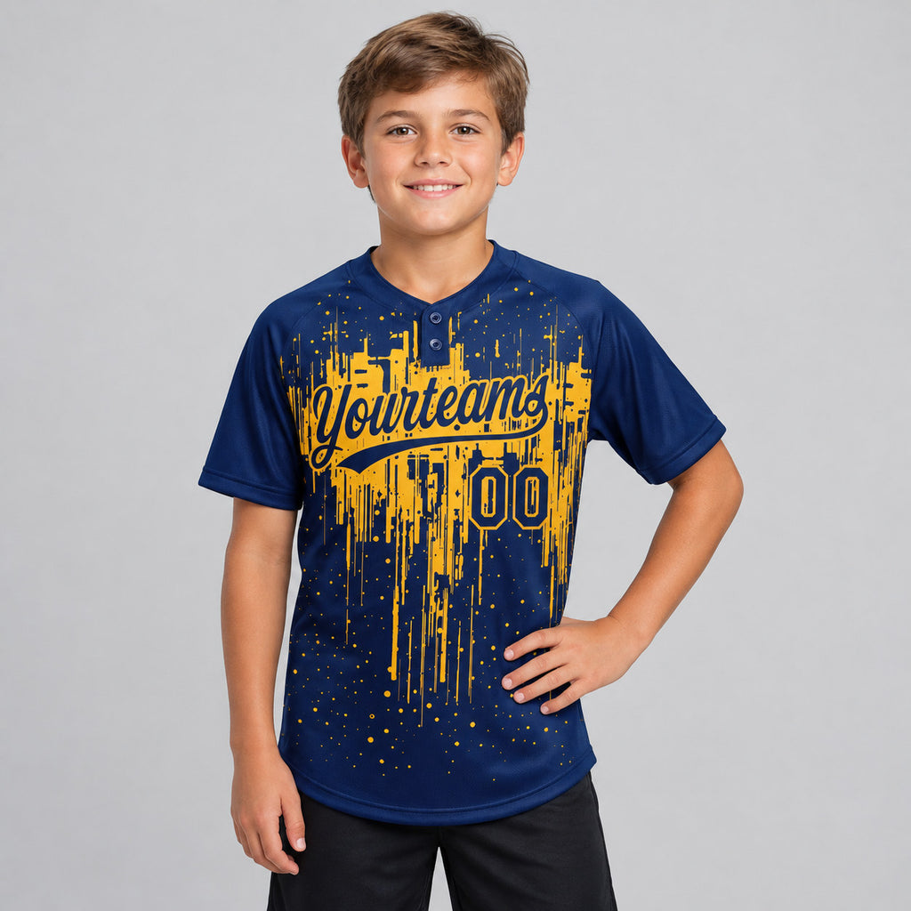 Custom Navy Dripping Splatter Art Two Button Softball Jersey with Gold Lettering youth size worn by child model