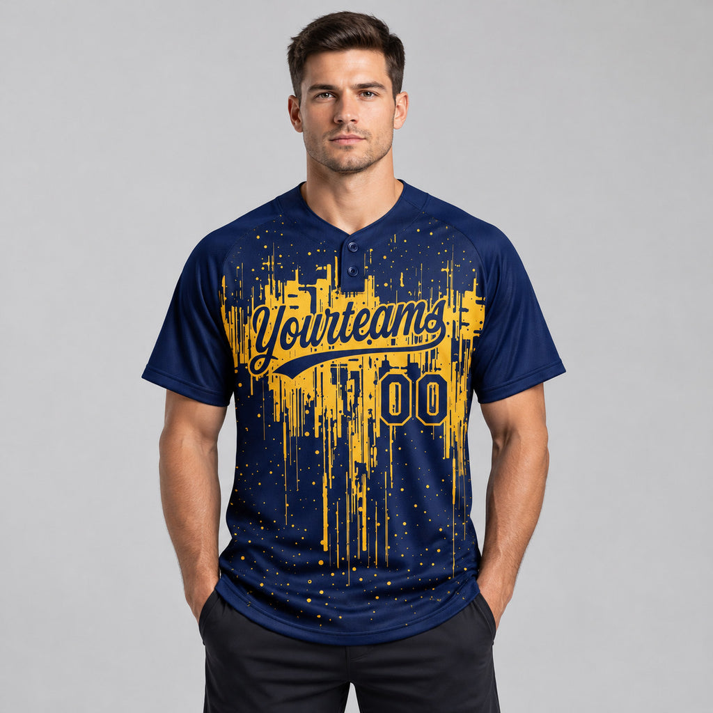 Custom Navy Dripping Splatter Art Two Button Softball Jersey with Gold Lettering worn by male model