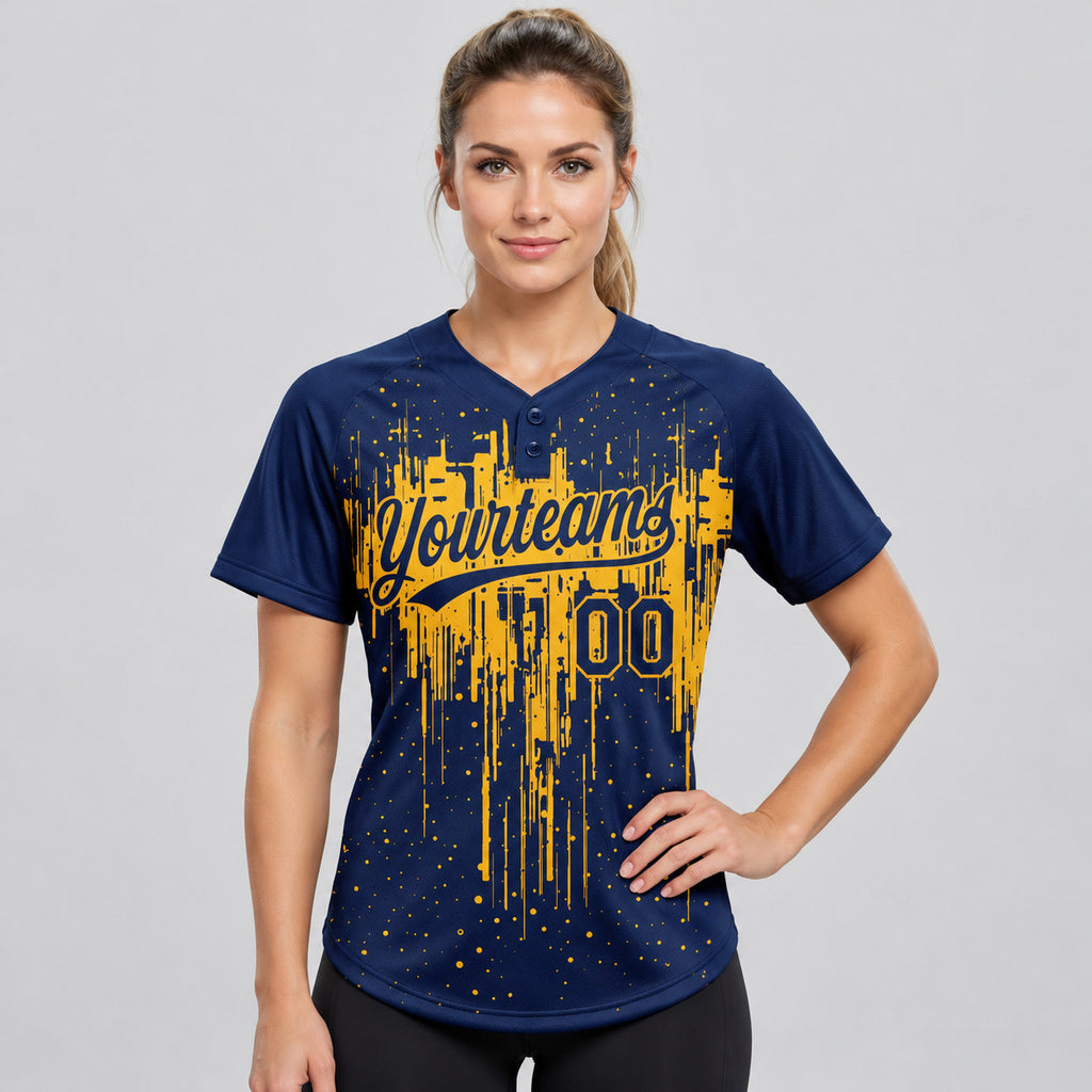 Custom Navy Dripping Splatter Art Two Button Softball Jersey with Gold Lettering worn by female model