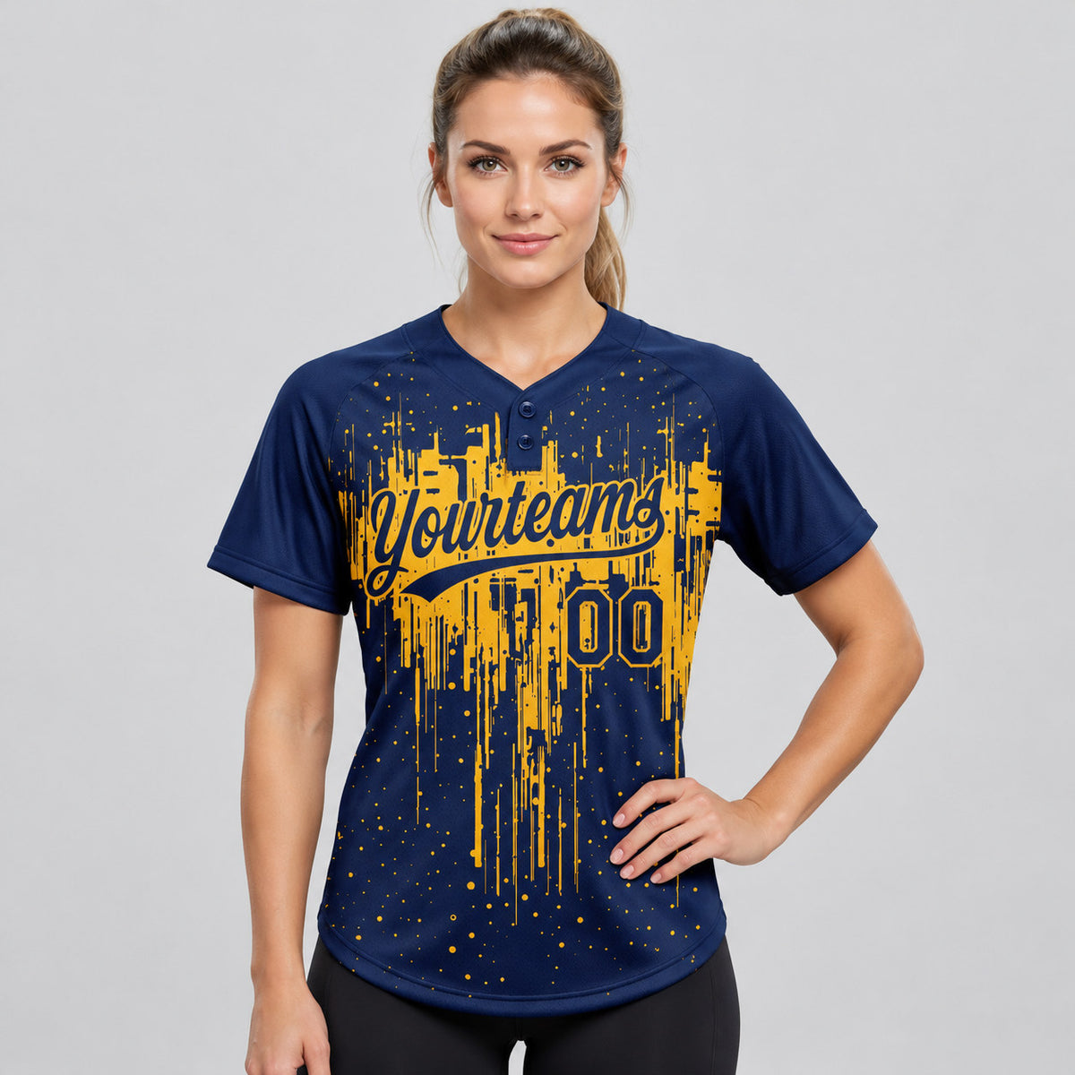 Custom Navy Dripping Splatter Art Two Button Softball Jersey with Gold Lettering worn by female model