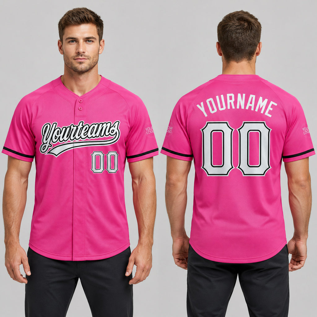 Custom Pink Two Button Softball Jersey with White and Black Lettering worn by male model