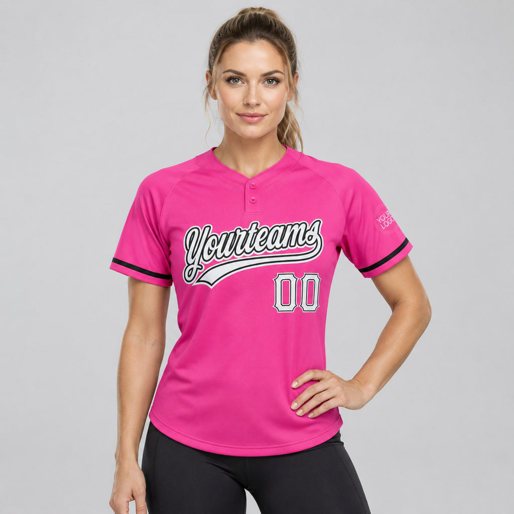 Custom Pink Two Button Softball Jersey with White and Black Lettering worn by female model