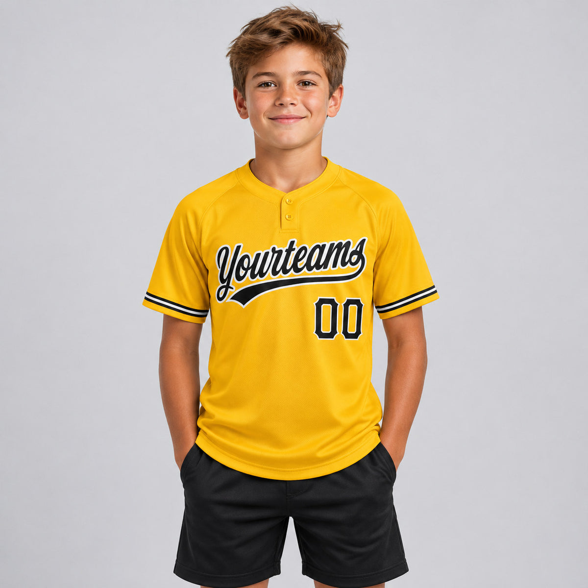 Custom Gold Two Button Softball Jersey with Black and White Lettering Design 0583 youth size worn by child model