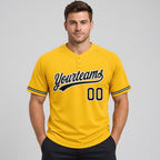 Custom Gold Two Button Softball Jersey with Black and White Lettering Design 0583 worn by male model