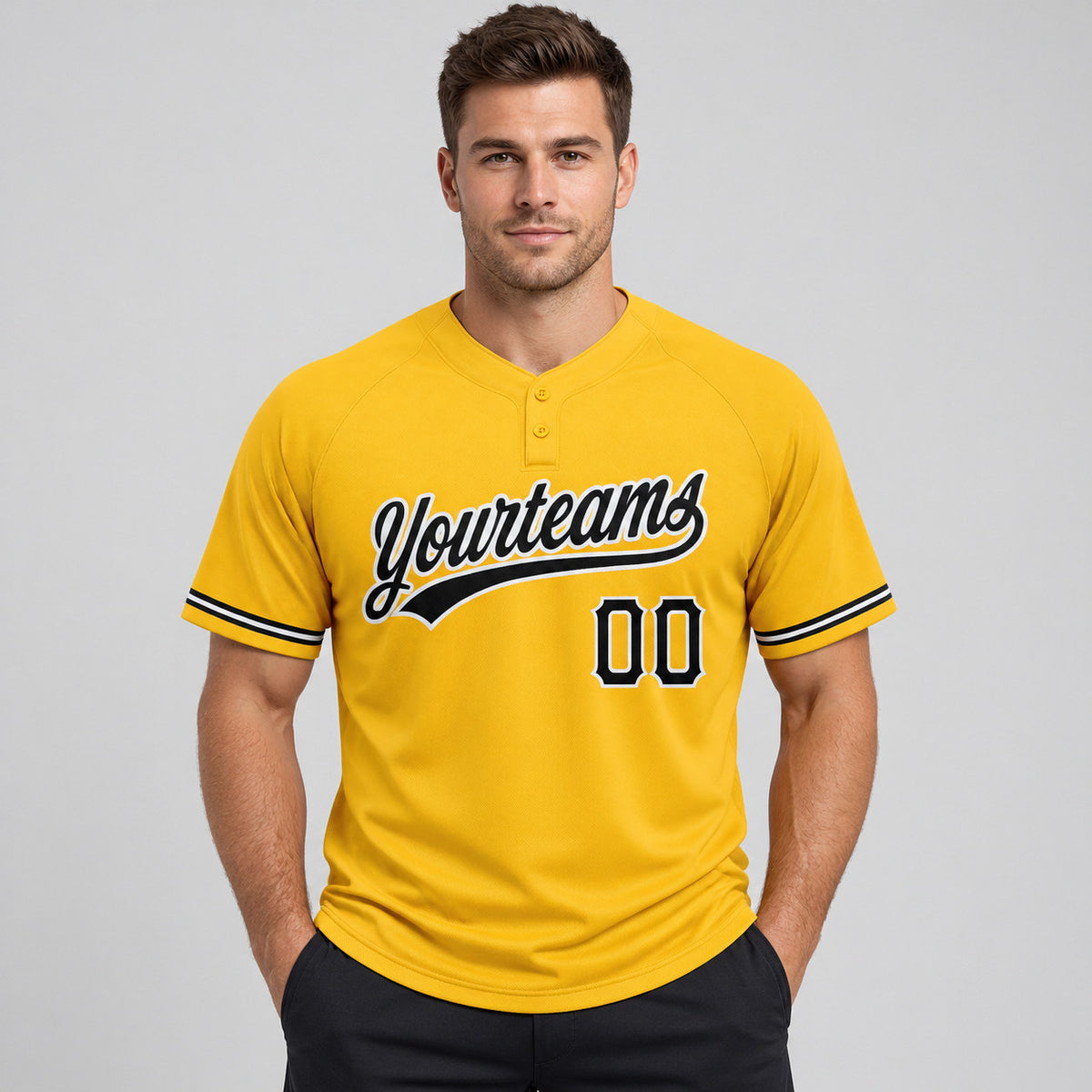Custom Gold Two Button Softball Jersey with Black and White Lettering Design 0583 worn by male model