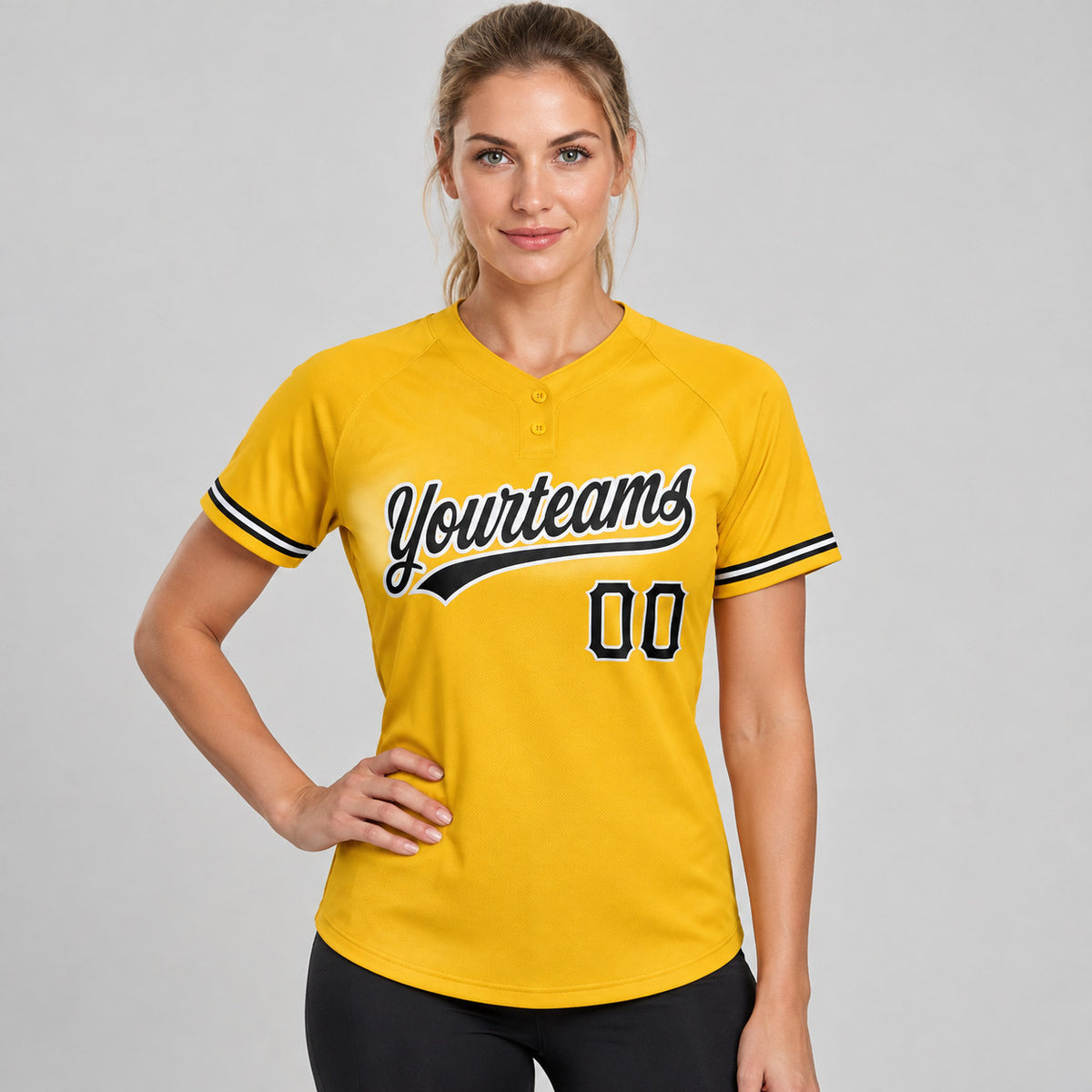 Custom Gold Two Button Softball Jersey with Black and White Lettering Design 0583 worn by female model