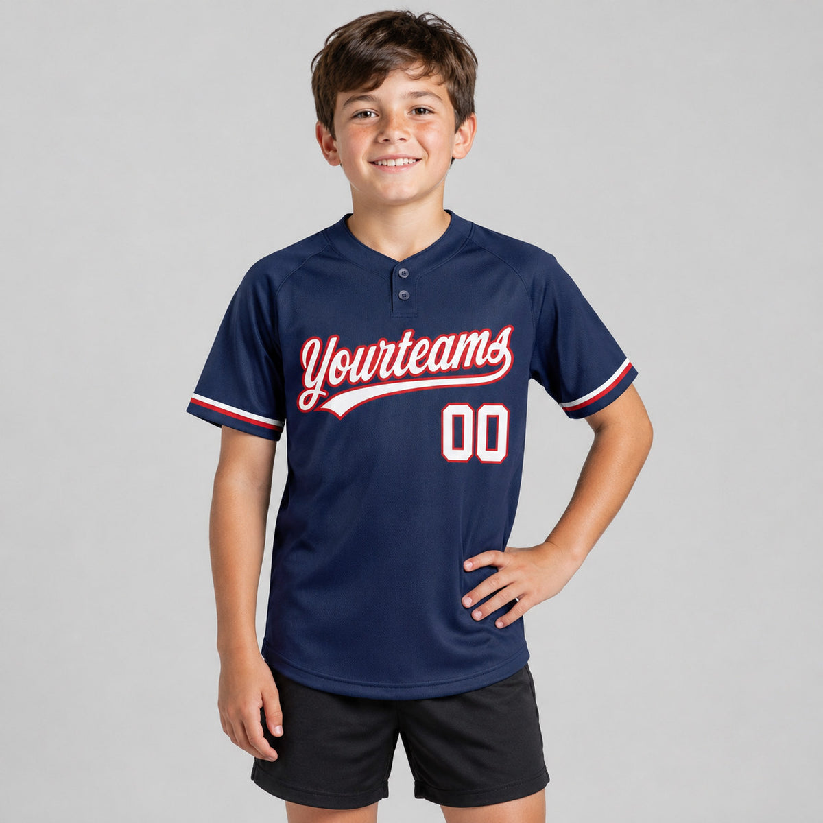 Custom Navy Two Button Softball Jersey with White and Red Lettering youth size worn by child model