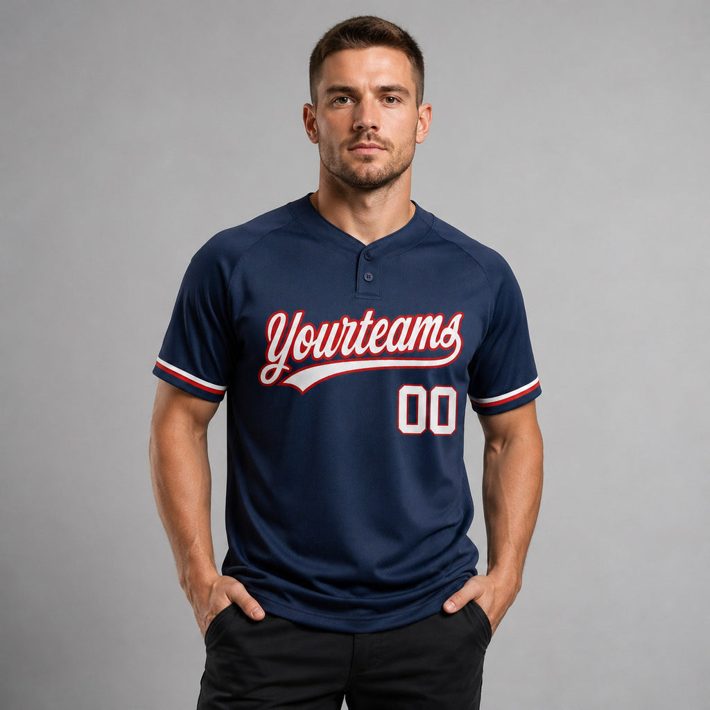 Custom Navy Two Button Softball Jersey with White and Red Lettering worn by male model