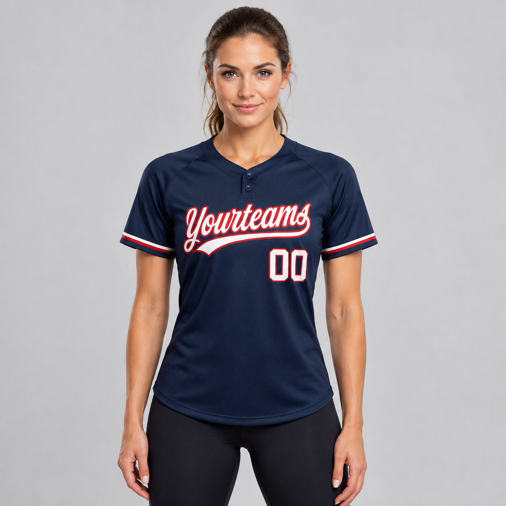 Custom Navy Two Button Softball Jersey with White and Red Lettering worn by female model