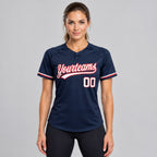 Custom Navy Two Button Softball Jersey with White and Red Lettering worn by female model