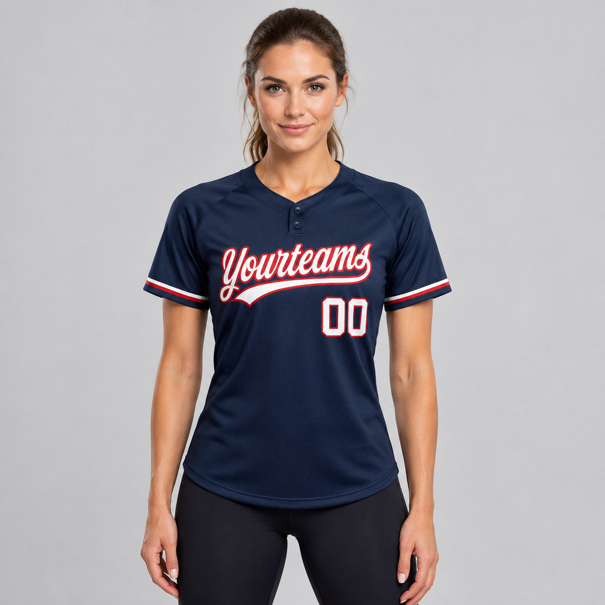 Custom Navy Two Button Softball Jersey with White and Red Lettering worn by female model