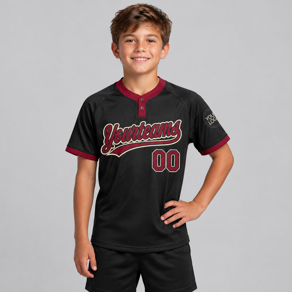 Custom Black Two Button Softball Jersey with Crimson and Cream Lettering youth size worn by child model