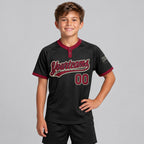 Custom Black Two Button Softball Jersey with Crimson and Cream Lettering youth size worn by child model