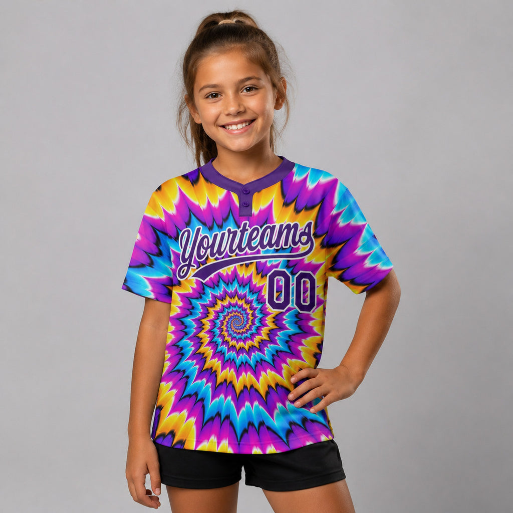 Custom Purple and White Tie Dye Two Button Softball Jersey youth size worn by child model