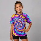 Custom Purple and White Tie Dye Two Button Softball Jersey youth size worn by child model