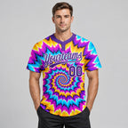 Custom Purple and White Tie Dye Two Button Softball Jersey worn by male model