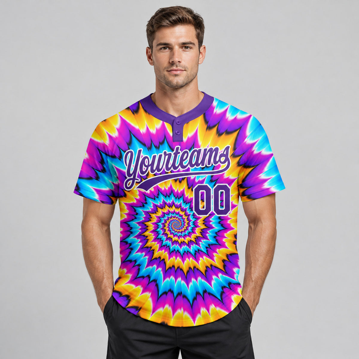 Custom Purple and White Tie Dye Two Button Softball Jersey worn by male model