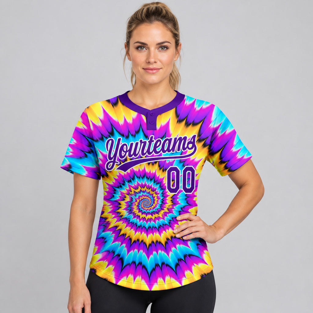 Custom Purple and White Tie Dye Two Button Softball Jersey worn by female model