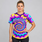 Custom Purple and White Tie Dye Two Button Softball Jersey worn by female model