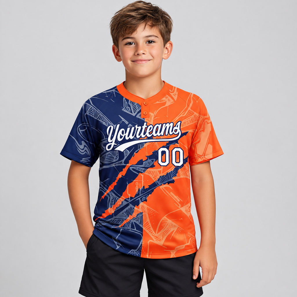 Custom White Graffiti Scratch Two Button Softball Jersey with Orange and Navy Lettering youth size worn by child model
