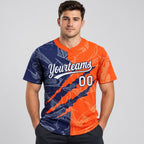 Custom White Graffiti Scratch Two Button Softball Jersey with Orange and Navy Lettering worn by male model