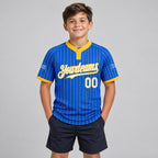 Custom Thunder Blue Two Button Pinstripe Softball Jersey with Yellow Lettering youth size worn by child model