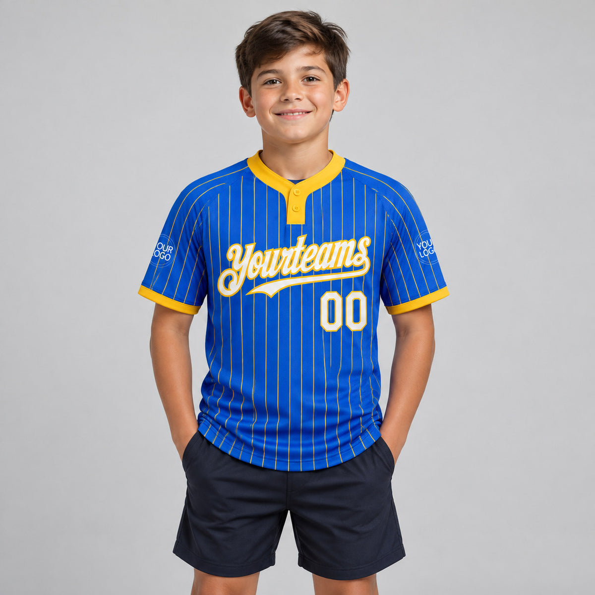 Custom Thunder Blue Two Button Pinstripe Softball Jersey with Yellow Lettering youth size worn by child model