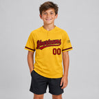 Custom Gold Two Button Softball Jersey with Red and Black Lettering youth size worn by child model