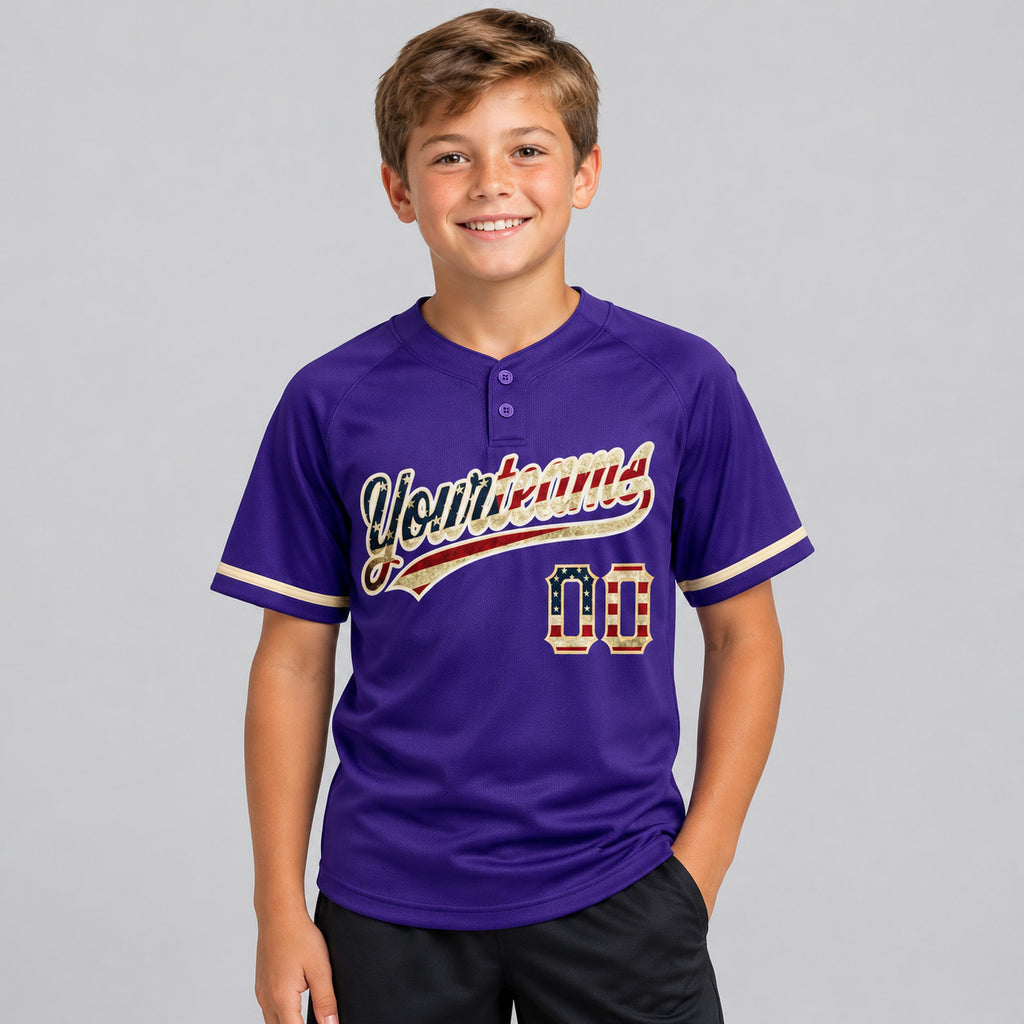 Custom Purple Vintage USA Flag Two Button Softball Jersey with City Cream Lettering youth size worn by child model