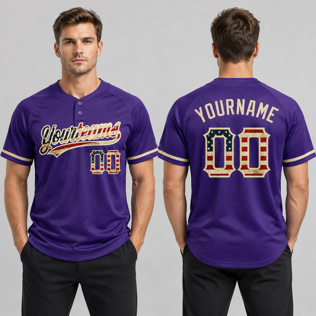 Custom Purple Vintage USA Flag Two Button Softball Jersey with City Cream Lettering worn by male model
