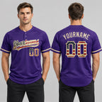Custom Purple Vintage USA Flag Two Button Softball Jersey with City Cream Lettering worn by male model