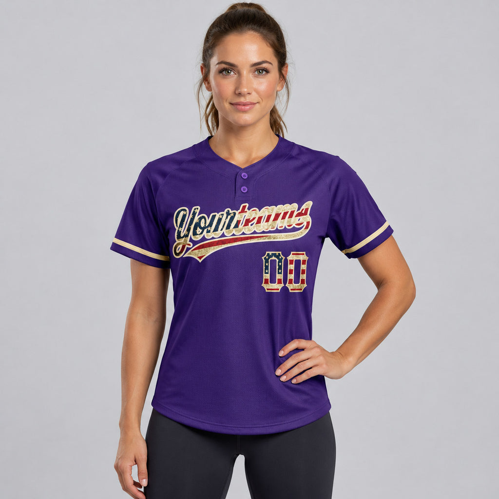 Custom Purple Vintage USA Flag Two Button Softball Jersey with City Cream Lettering worn by female model