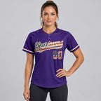 Custom Purple Vintage USA Flag Two Button Softball Jersey with City Cream Lettering worn by female model