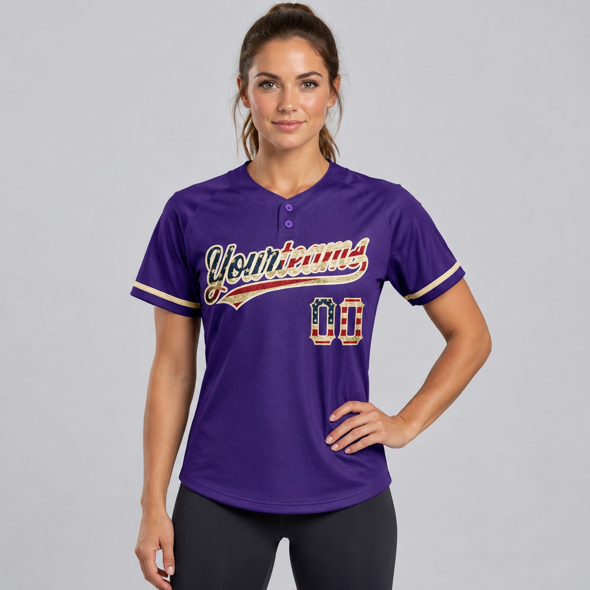 Custom Purple Vintage USA Flag Two Button Softball Jersey with City Cream Lettering worn by female model