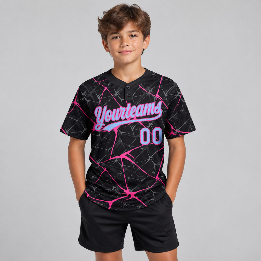 Custom Black Abstract Network Two Button Softball Jersey with Light Blue and Pink Lettering youth size worn by child model