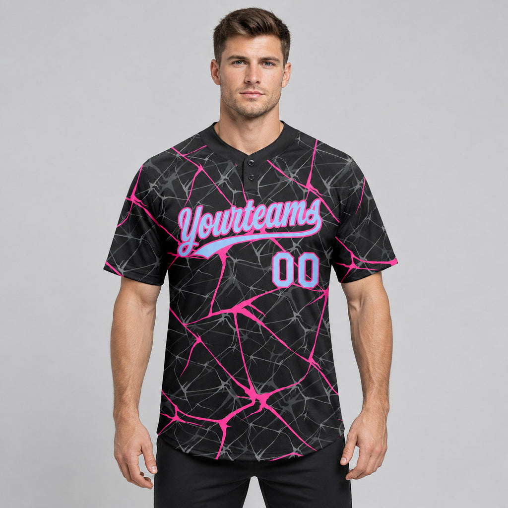 Custom Black Abstract Network Two Button Softball Jersey with Light Blue and Pink Lettering worn by male model