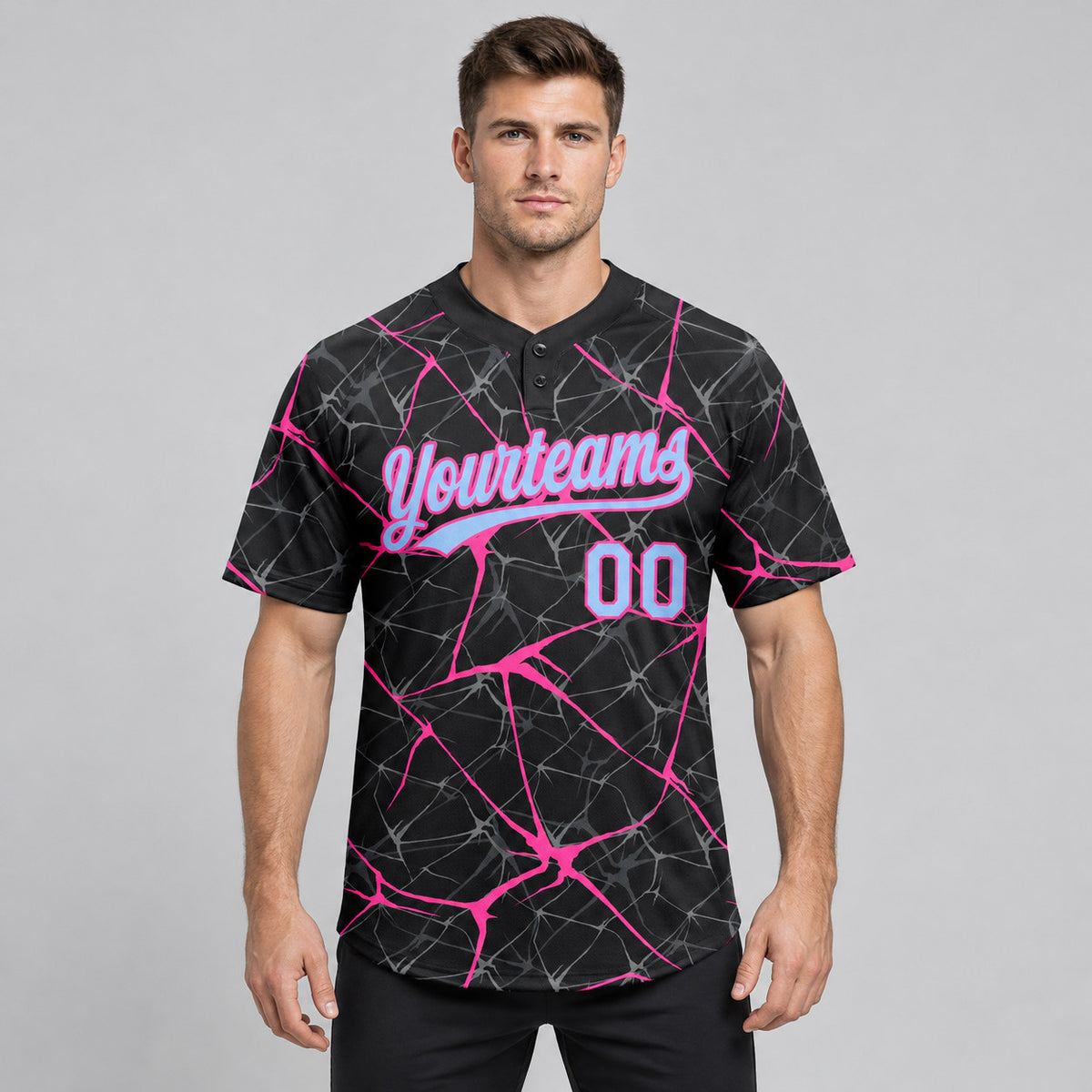 Custom Black Abstract Network Two Button Softball Jersey with Light Blue and Pink Lettering worn by male model