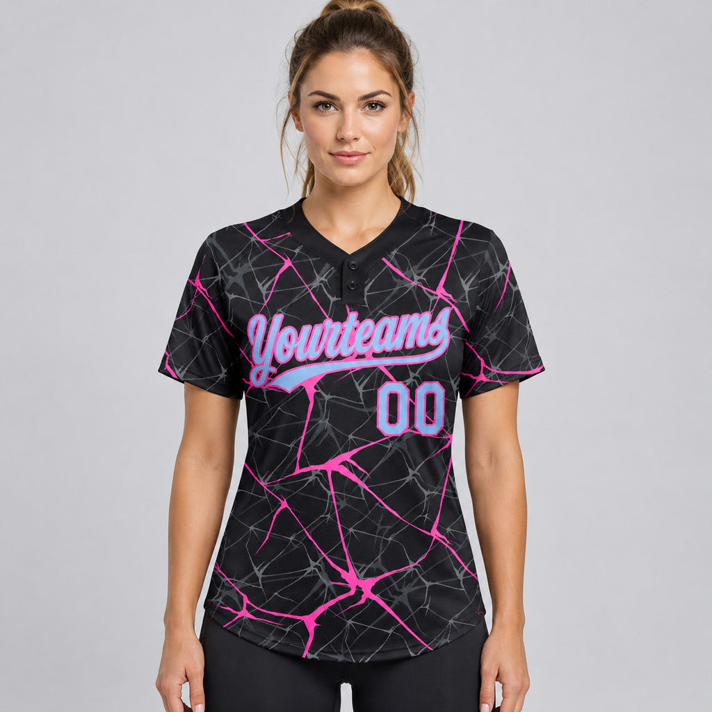 Custom Black Abstract Network Two Button Softball Jersey with Light Blue and Pink Lettering worn by female model