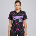 Custom Black Abstract Network Two Button Softball Jersey with Light Blue and Pink Lettering worn by female model
