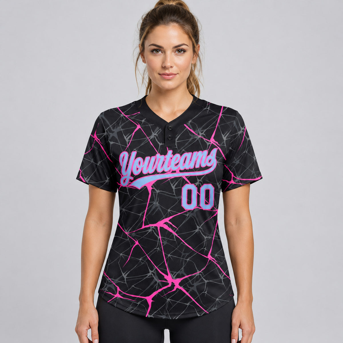 Custom Black Abstract Network Two Button Softball Jersey with Light Blue and Pink Lettering worn by female model
