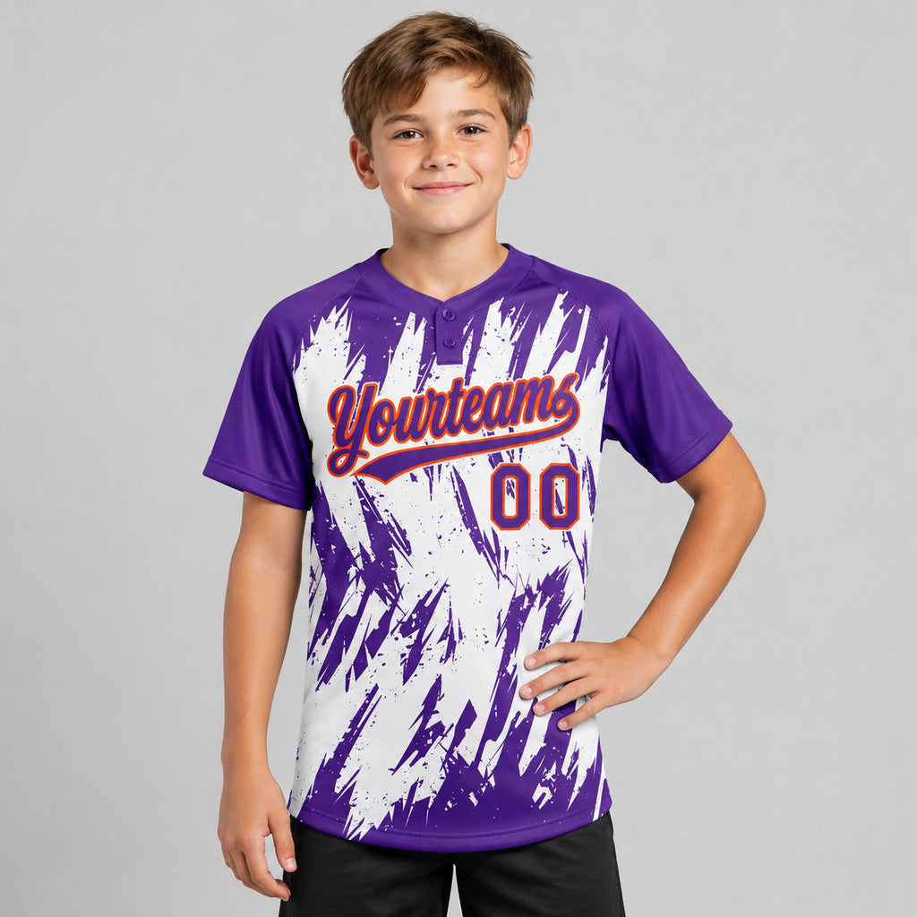 Custom Purple Abstract Sharp Shape Two Button Softball Jersey with Orange and White Lettering youth size worn by child model