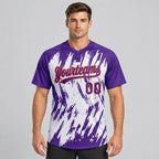 Custom Purple Abstract Sharp Shape Two Button Softball Jersey with Orange and White Lettering worn by male model