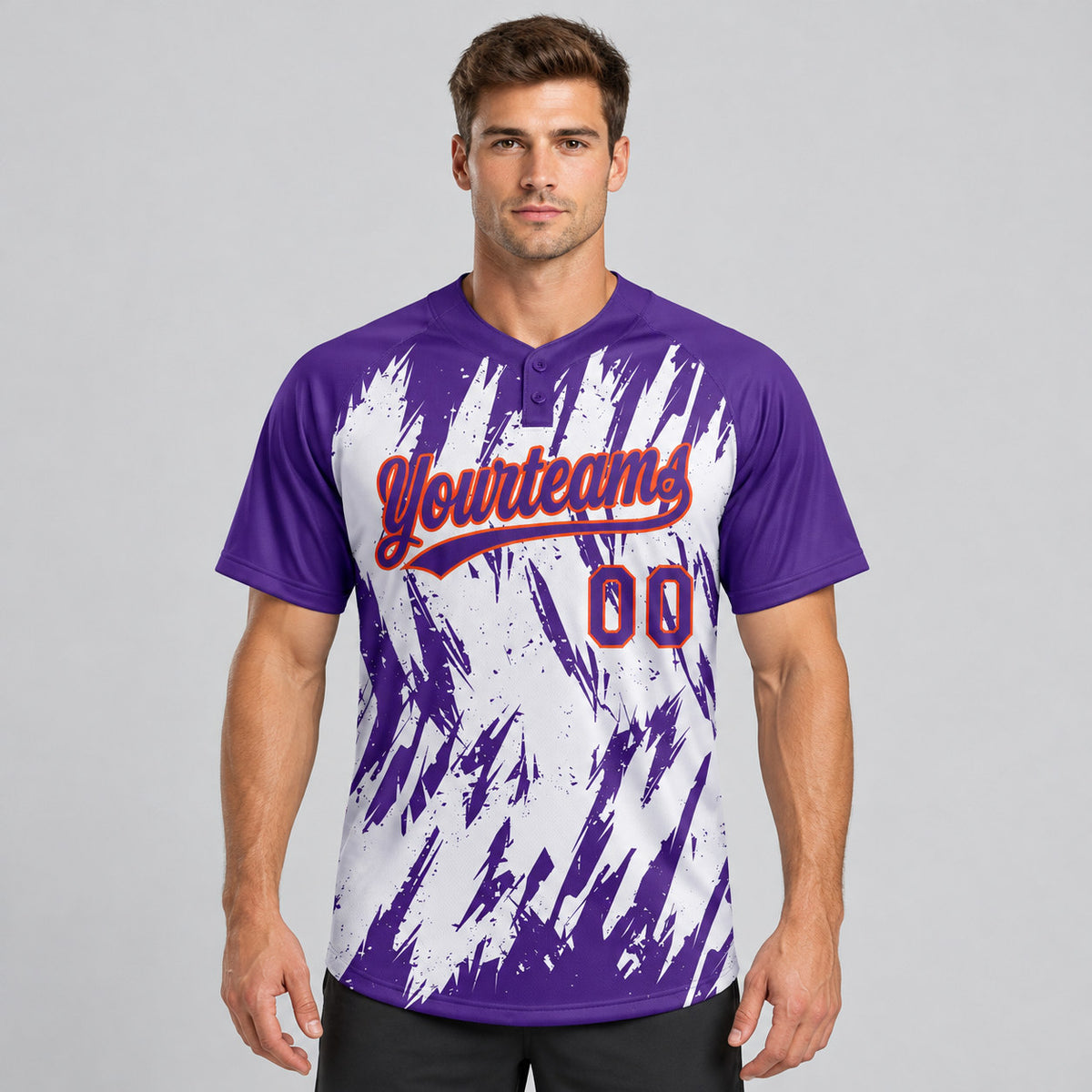 Custom Purple Abstract Sharp Shape Two Button Softball Jersey with Orange and White Lettering worn by male model