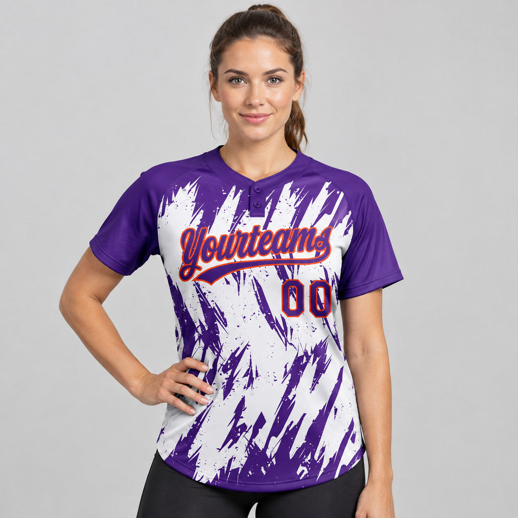 Custom Purple Abstract Sharp Shape Two Button Softball Jersey with Orange and White Lettering worn by female model