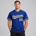 Custom Royal Two Button Softball Jersey with White and Black Lettering Design 0465 worn by male model