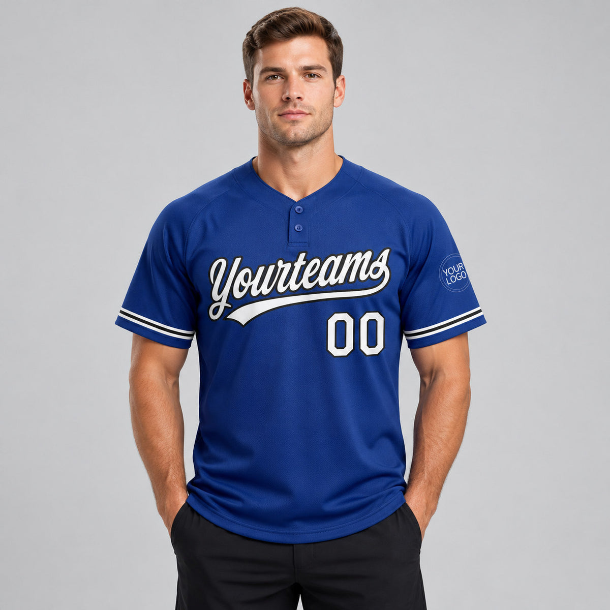 Custom Royal Two Button Softball Jersey with White and Black Lettering Design 0465 worn by male model