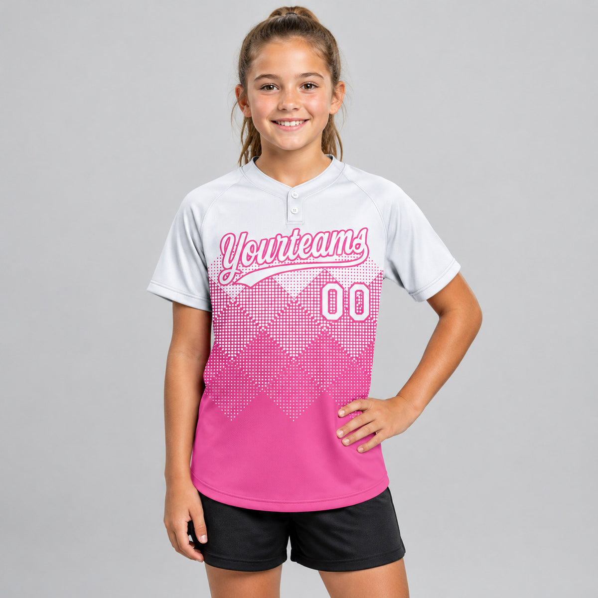 Custom Pink Gradient Square Shapes Two Button Softball Jersey with White Lettering youth size worn by child model